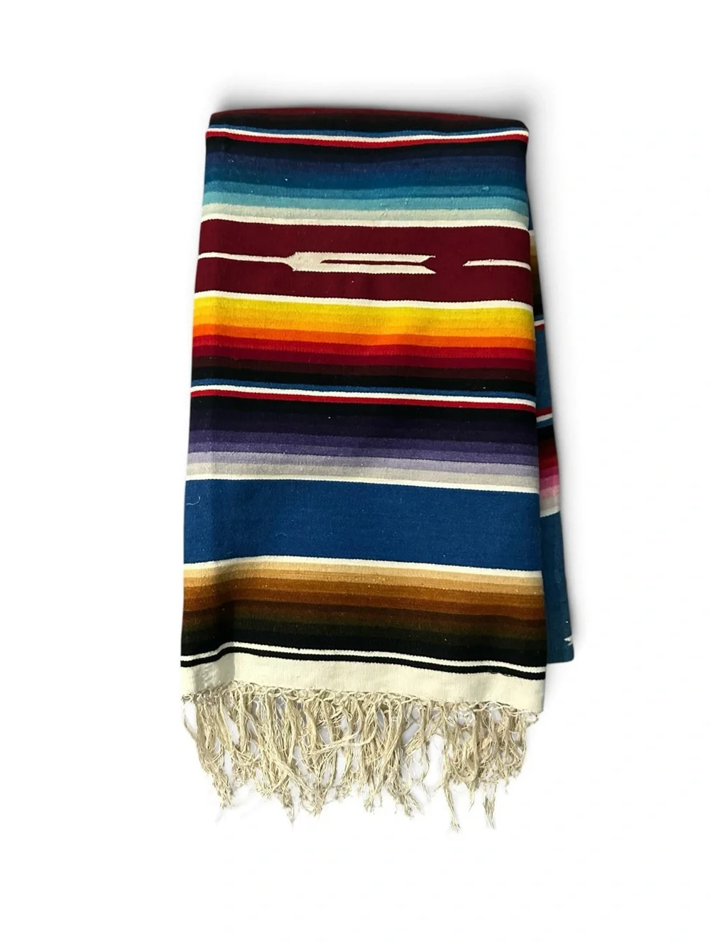 MCM Vintage Handwoven Blue Striped Mexican Serape Wool Blanket - Multi-Color